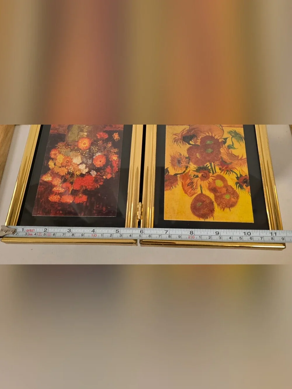 Vintage Brass Double Folding Frame Vincent Van Gogh Art Prints 7.5”x11.5”